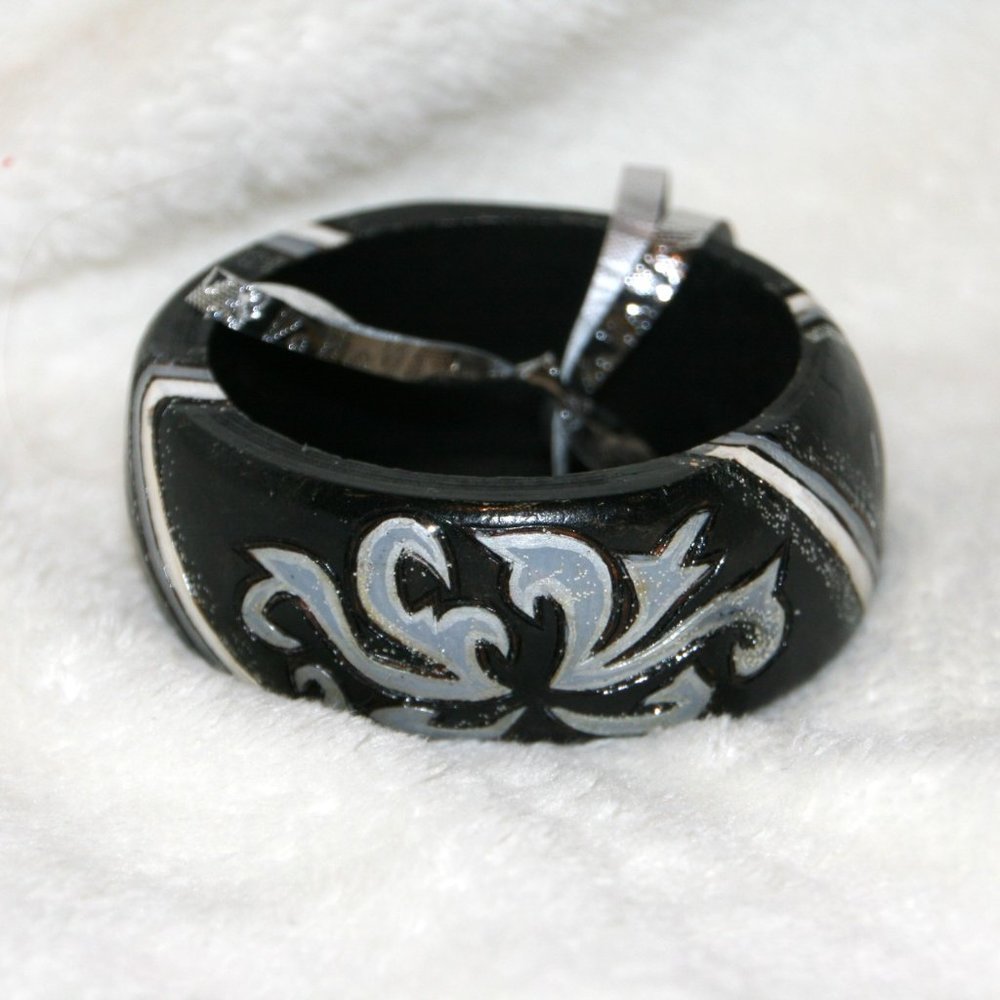 Black , White Silver Handmade Wooden Bracelet